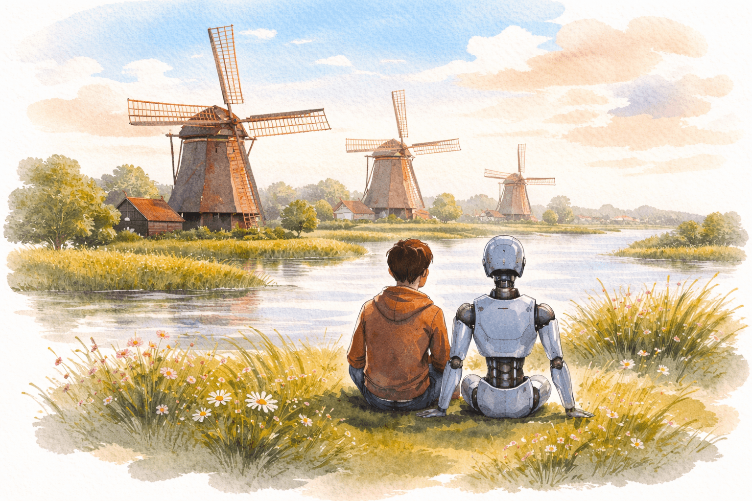 Watercolor illustration of a person and a robot sitting together on a riverbank, looking out at windmills